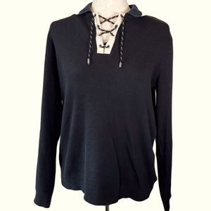 Long Sleeve Lace Up Polo, Black and Cream, Liz Claiborne size small